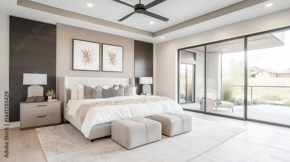 Fototapeta premium Luxury Bedroom Interior: A meticulously crafted master bedroom exudes luxury and comfort with its elegant design and attention to detail. Featuring a spacious layout, plush furnishings.