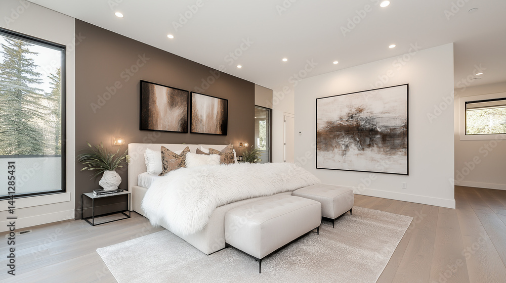 Modern Minimalist Bedroom Design: A spacious and stylish bedroom with a plush white bed, sleek bedside tables, and large windows overlooking a tranquil forest. Modern Minimalist Bedroom Design: A spacious and stylish bedroom with a plush white bed, sleek bedside tables, and large windows overlooking a tranquil forest.