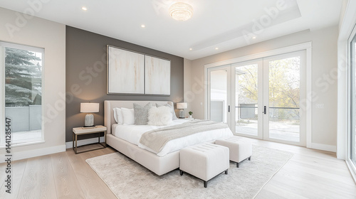 Wallpaper Mural Modern Bedroom Retreat: This minimalist bedroom boasts a sleek and sophisticated design, featuring a plush king-size bed, plush bedding, a pair of matching nightstands. Torontodigital.ca