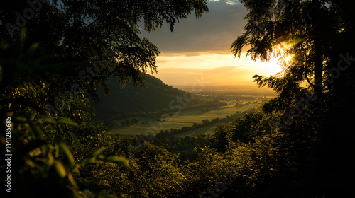 Obraz na płótnie Golden sunset over a lush green valley framed by trees. w salonie