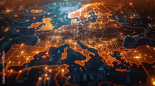 Digital illuminated map of Europe with glowing orange circuitry and network connections on a dark background, symbolizing technology and connectivity