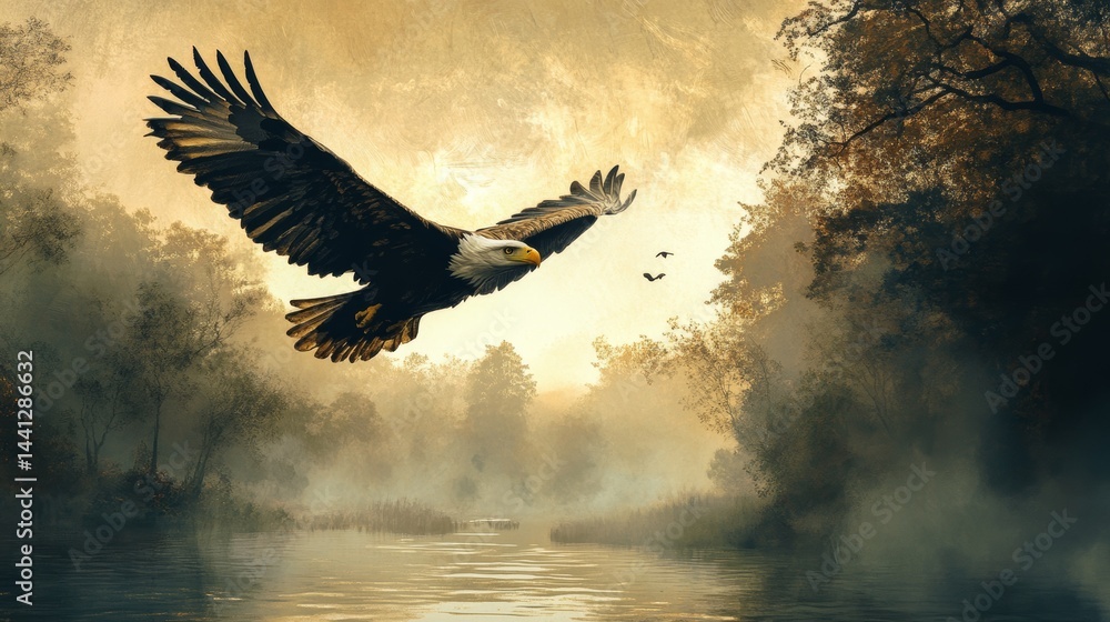 Obraz premium Bald Eagle Flying and Hunting Over Water - ai
