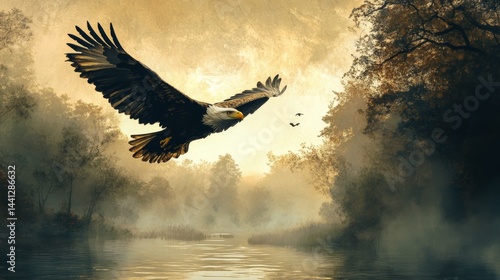 Bald Eagle Flying and Hunting Over Water  - ai