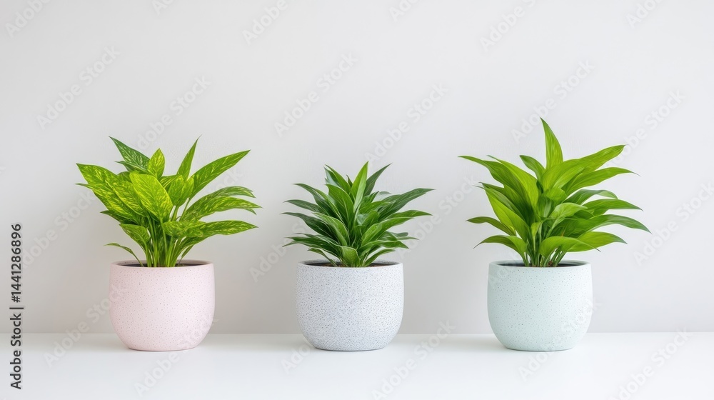 Three potted plants in pastel-colored pots against a white background Three potted plants in pastel-colored pots against a white background