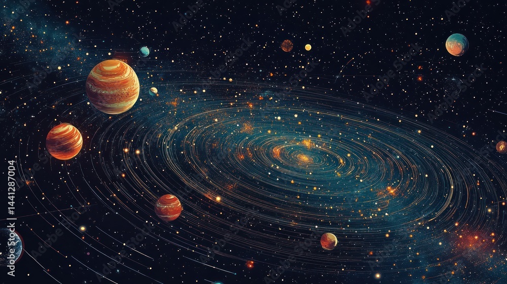 Obraz premium Cosmic spiral galaxy with planets