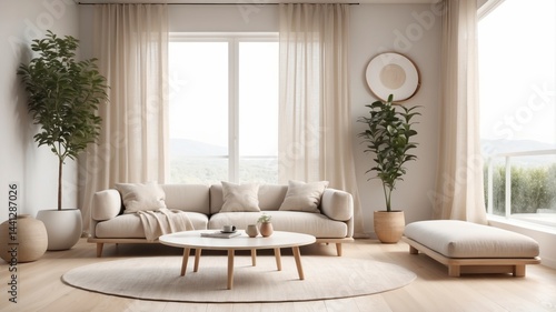 Cozy and inviting feng shui living room interior with minimalist style emphasizing natural elements and bright light for a peaceful ambiance