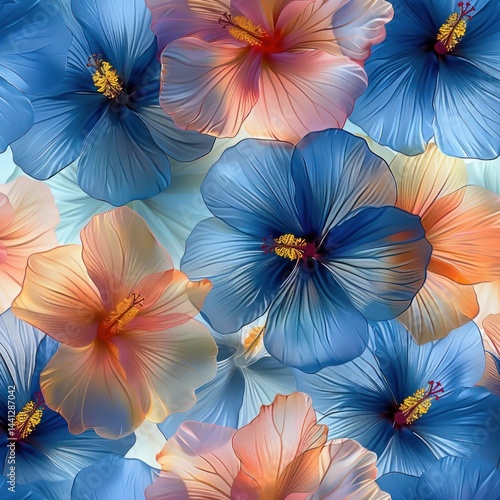 Wallpaper Mural Close-up view of vibrant blue and peach hibiscus flowers with delicate translucent petals overlapping, displaying intricate details and a serene, calming atmosphere Torontodigital.ca