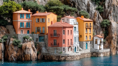 Colorful houses nestled on a cliffside overlooking a body of water, idyllic village scene. Possible use Stock photo for travel brochures, real estate marketing, or desktop wallpaper