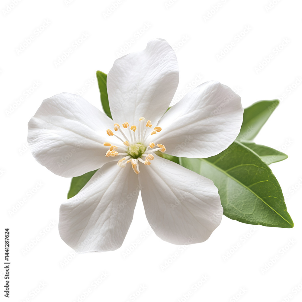 Fototapeta premium Delicate white flower blossom with green leaves on black background