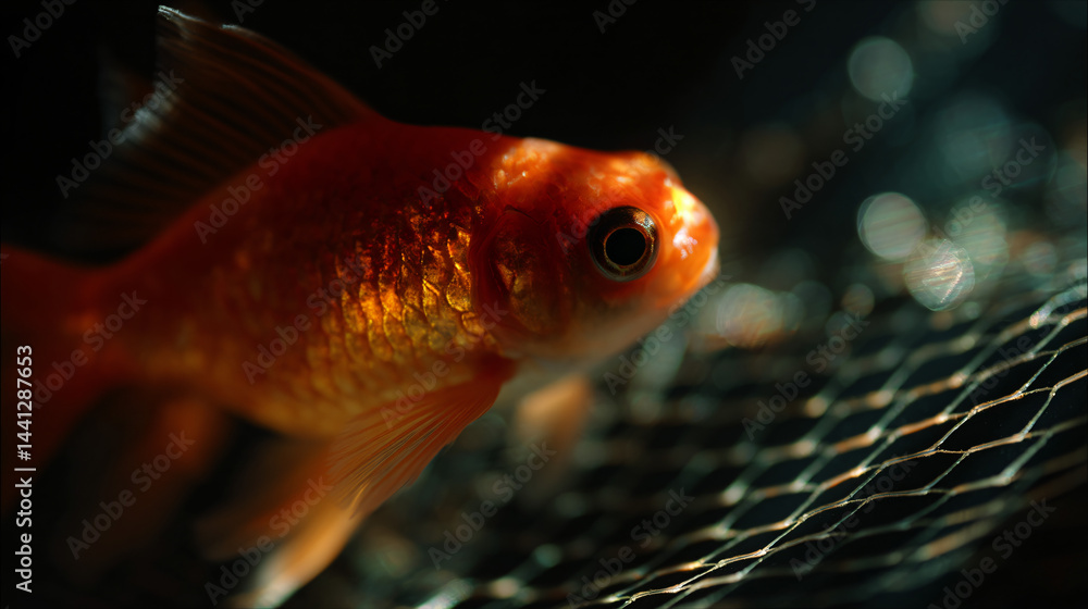 Goldfish close-up; orange scales, translucent fins, big eyes, net behind
