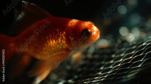 Obraz na płótnie Goldfish close-up; orange scales, translucent fins, big eyes, net behind w salonie