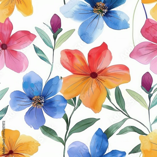 Fototapeta Naklejka Na Ścianę i Meble -  vibrant watercolor illustration of various colorful flowers with green leaves on white background, evoking a fresh and cheerful feeling