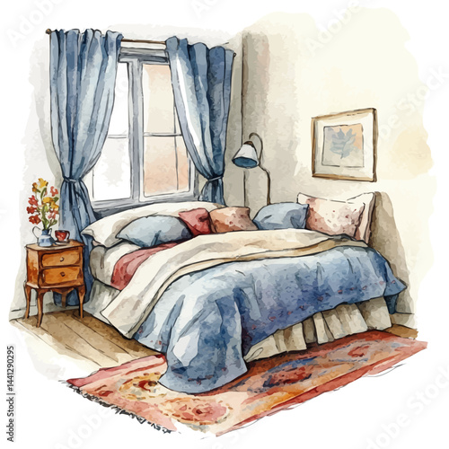 illustration of Cozy Bedroom Interior, watercolor vector, isolated on a white background.