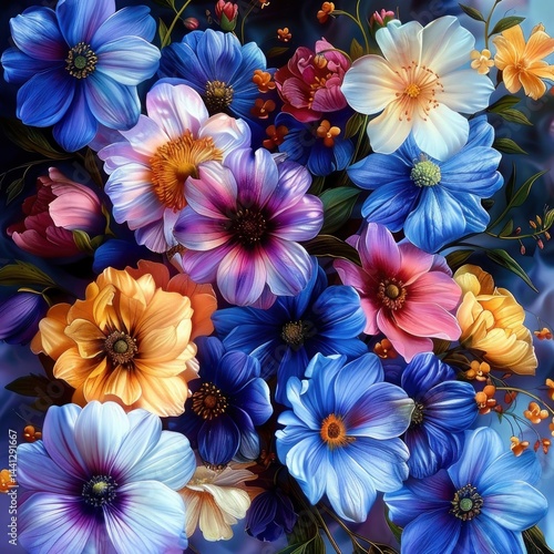 Bright and colorful bouquet of various flowers including blue, yellow, pink, white, and purple blossoms with green leaves on a dark background evoking a sense of freshness and vibrancy