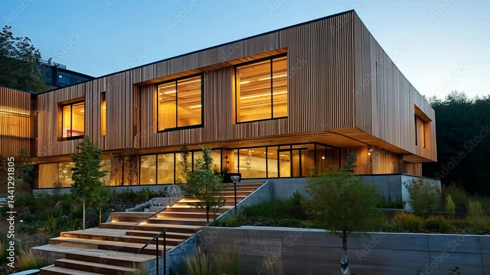 Elegant Wood-Clad Modern Building Exterior with Illuminated Windows at Dusk Scenery Elegant Wood-Clad Modern Building Exterior with Illuminated Windows at Dusk Scenery