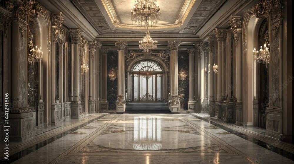 Fototapeta premium Grand Palace Interior: Opulent Hallway with Marble Floors and Crystal Chandeliers