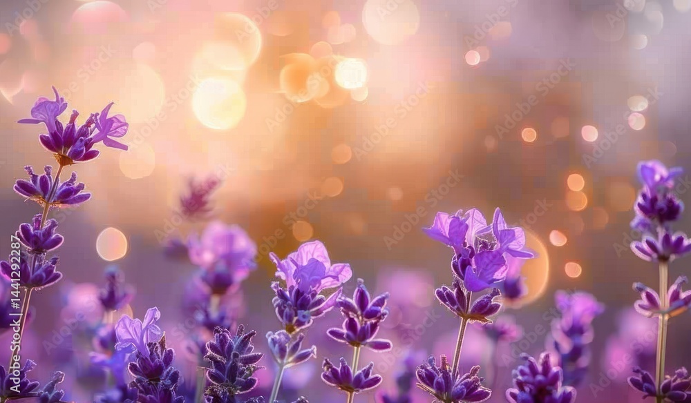 Naklejka premium Close-up of vibrant purple flowers in a field with sparkling warm light bokeh in the background creating a peaceful and dreamy atmosphere