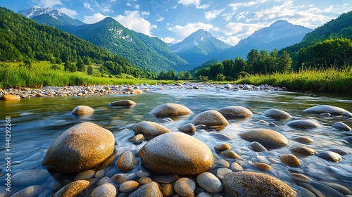 Serene mountain stream flowing gently over smooth stones surrounded by nature's tranquil beauty and peaceful atmosphere in the wilderness
