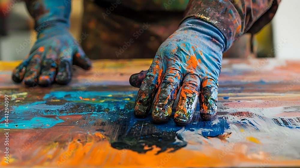A man is painting a picture with his hands covered in paint A man is painting a picture with his hands covered in paint