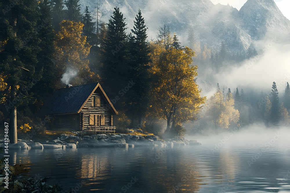 Fototapeta premium Misty mountain lake scenery with a rustic cabin.