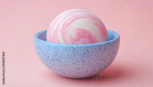 A pastel-colored dessert bowl featuring a beautifully swirled ice cream sphere against a soft pink backdrop.