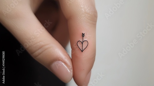 A hand holding a small heart tattoo with an arrow pointing to it
