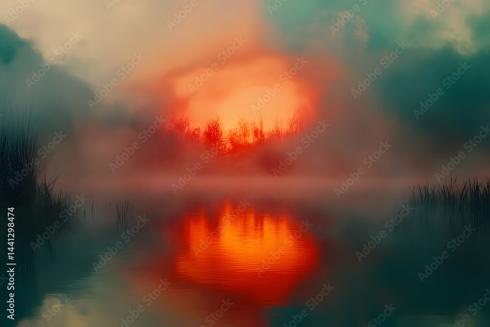 Naklejka premium Vivid sunrise reflected in a tranquil morning mist over a still lake.