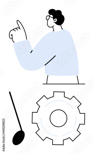 Person raising a finger, large gear symbolizing settings or productivity, and ladle indicating cooking or preparation. Ideal for guidance, productivity, settings, development, cooking, conceptual