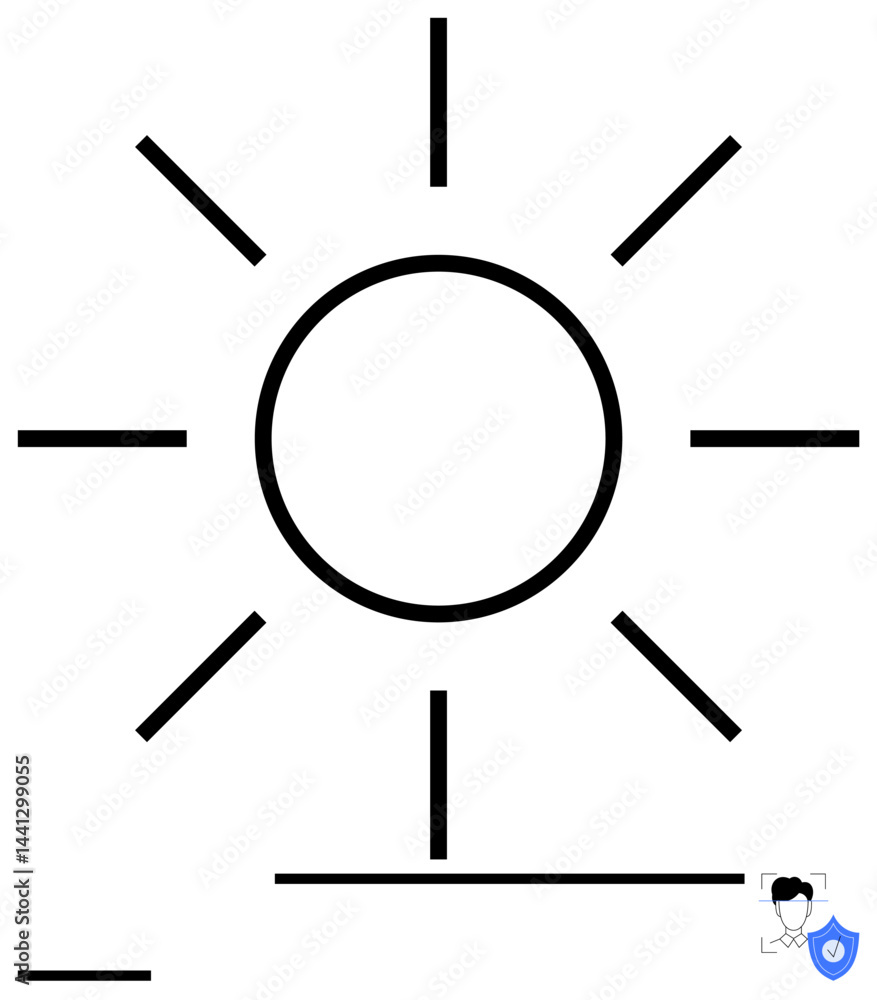 Circular sun with radiating lines and a shield icon with a human profile, symbolizing protection. Ideal for security, energy, simplicity, eco themes, personal safety, light, simple landing page Circular sun with radiating lines and a shield icon with a human profile, symbolizing protection. Ideal for security, energy, simplicity, eco themes, personal safety, light, simple landing page