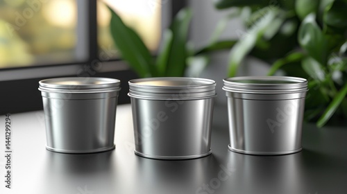 Realistic Photography of Aluminium Containers for Food Preservation on a Modern Surface with Natural Light