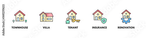 Go to Page
|12345Next
Real Estate banner web icon illustration concept with icon of townhouse, villa, tenant, insurance, and renovation