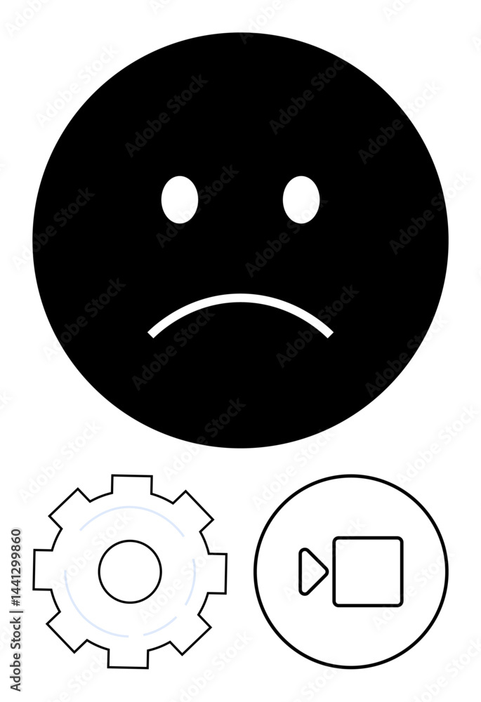 Fototapeta premium Sad face emotion for negative emotional states alongside a settings gear and video recording icon. Ideal for communication, emotions, technology, troubleshooting, multimedia, online support, simple
