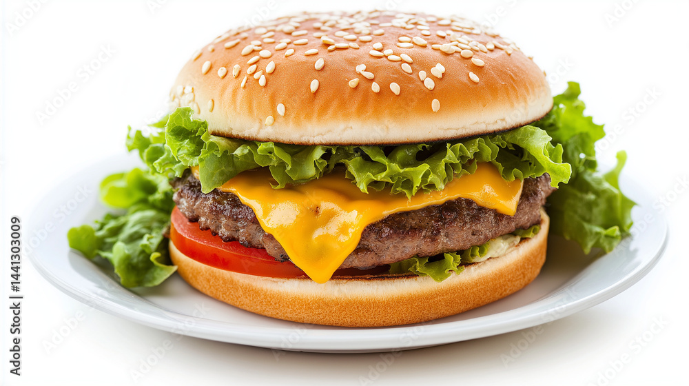 Juicy Beef Burger with Lettuce and Tomato, Isolated on White Background Juicy Beef Burger with Lettuce and Tomato, Isolated on White Background