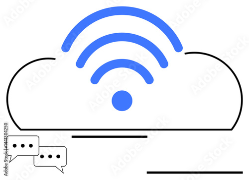 Abstract cloud graphic featuring a blue wireless signal and speech bubbles, representing networking, data sharing, and communication. Ideal for technology, cloud computing, internet services, data
