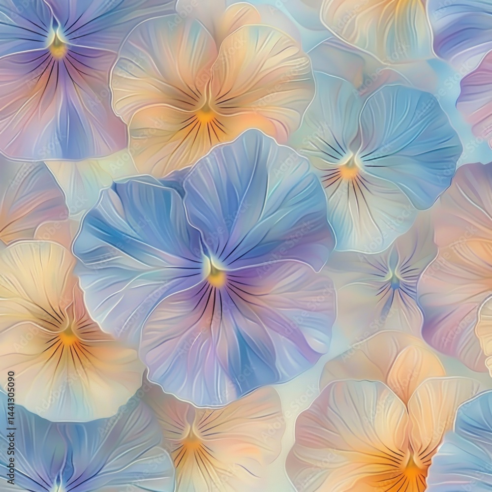 Fototapeta premium soft pastel flowers with delicate petals blending shades of blue, purple, peach, and cream creating a gentle and dreamy floral pattern