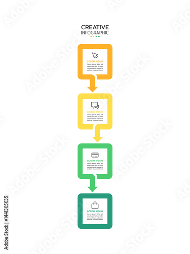 Creative infographic template displaying a vertical sequence of four connected circles with a gradient from orange to dark green. Each circle contains an icon and text area.