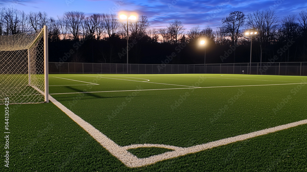 Fototapeta premium Soccer field with green artificial turf, white lines, goal net and floodlights under a twilight sky.