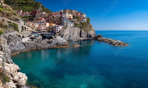 Colorful village clinging to a Ligurian cliff overlooking turquoise water. Scenic coastal view. Possible use travel brochure, tourism advertisement, or background for travel website