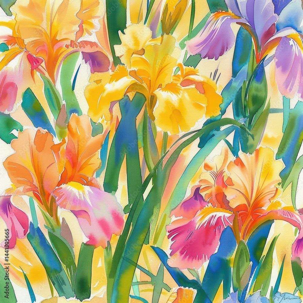 vibrant colorful painting of blooming flowers with large petals in shades of yellow, orange, pink, and purple surrounded by green leaves, conveying a lively and cheerful atmosphere