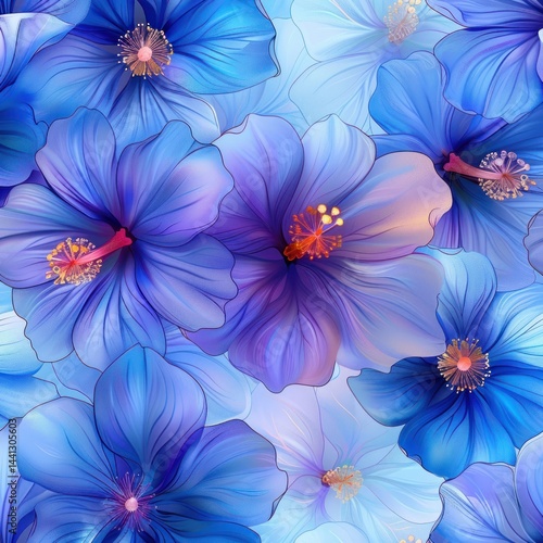 close-up view of vibrant blue and purple hibiscus flowers with detailed petals and stamen, creating a serene and visually soothing pattern