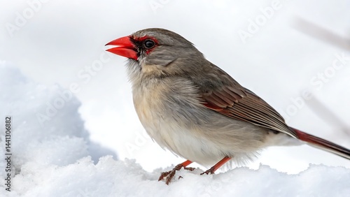 Female northern cardinal perched on snow with a bright red beak in a winter scene outdoors