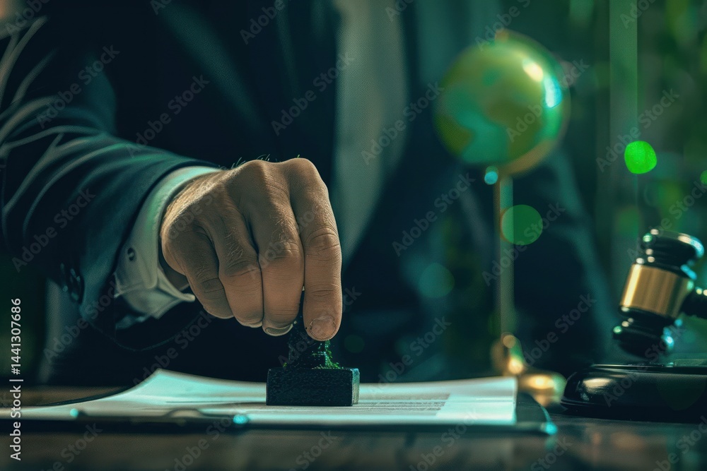 Close-up of a person stamping a document on a desk with a globe and gavel nearby, conveying authority and decision-making Close-up of a person stamping a document on a desk with a globe and gavel nearby, conveying authority and decision-making