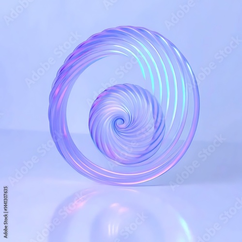 Abstract spiral design featuring two translucent iridescent shapes on a reflective surface