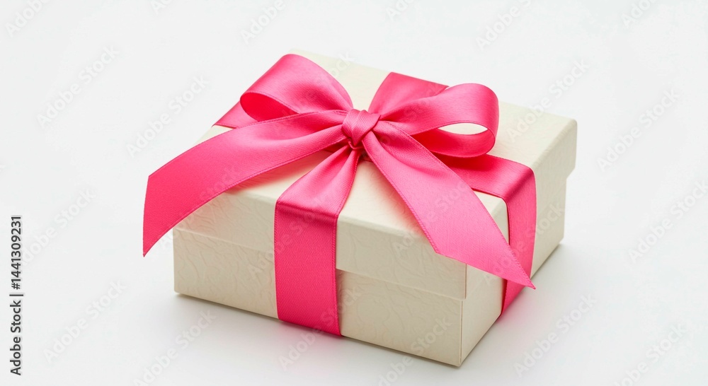 A wrapped gift box with a pink ribbon and bow sitting on a white surface in a well lit environment A wrapped gift box with a pink ribbon and bow sitting on a white surface in a well lit environment