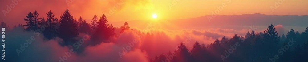 Fototapeta premium Misty dawn, smoke-filled pines cast long shadows , woods, trees