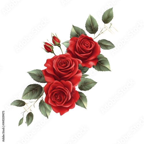 This image features a floral illustration with three vibrant red roses, buds, and green leaves in a corner arrangement.