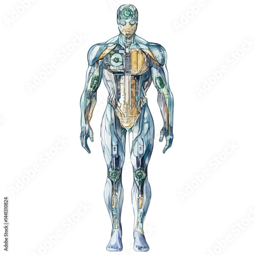 Bio-engineered Body With Embedded Energy Generators, watercolor vector, isolated on a white background.
