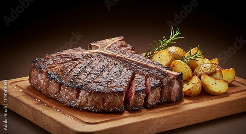 A massive T-bone bistecca alla Fiorentina with charred crust and pink center, served on a wooden board with roasted rosemary potatoes
