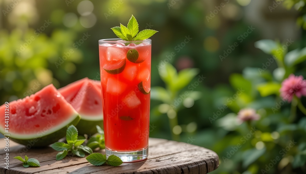 A delightful glass of refreshing watermelon juice garnished with fresh mint is beautifully presented on a rustic wooden table nestled in a charming garden, perfectly capturing the essence of A delightful glass of refreshing watermelon juice garnished with fresh mint is beautifully presented on a rustic wooden table nestled in a charming garden, perfectly capturing the essence of