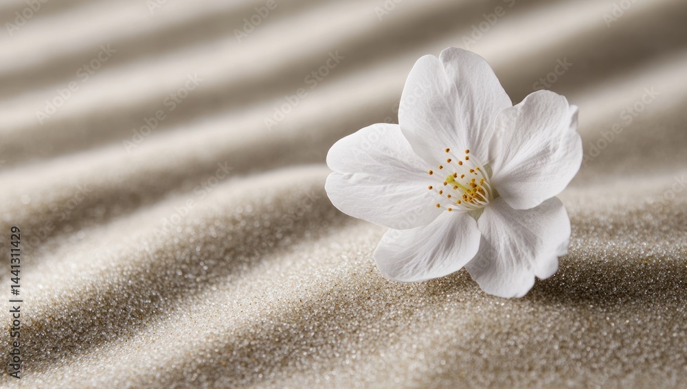 White flower rests on raked sand with light and shadow creating texture. White flower rests on raked sand with light and shadow creating texture.